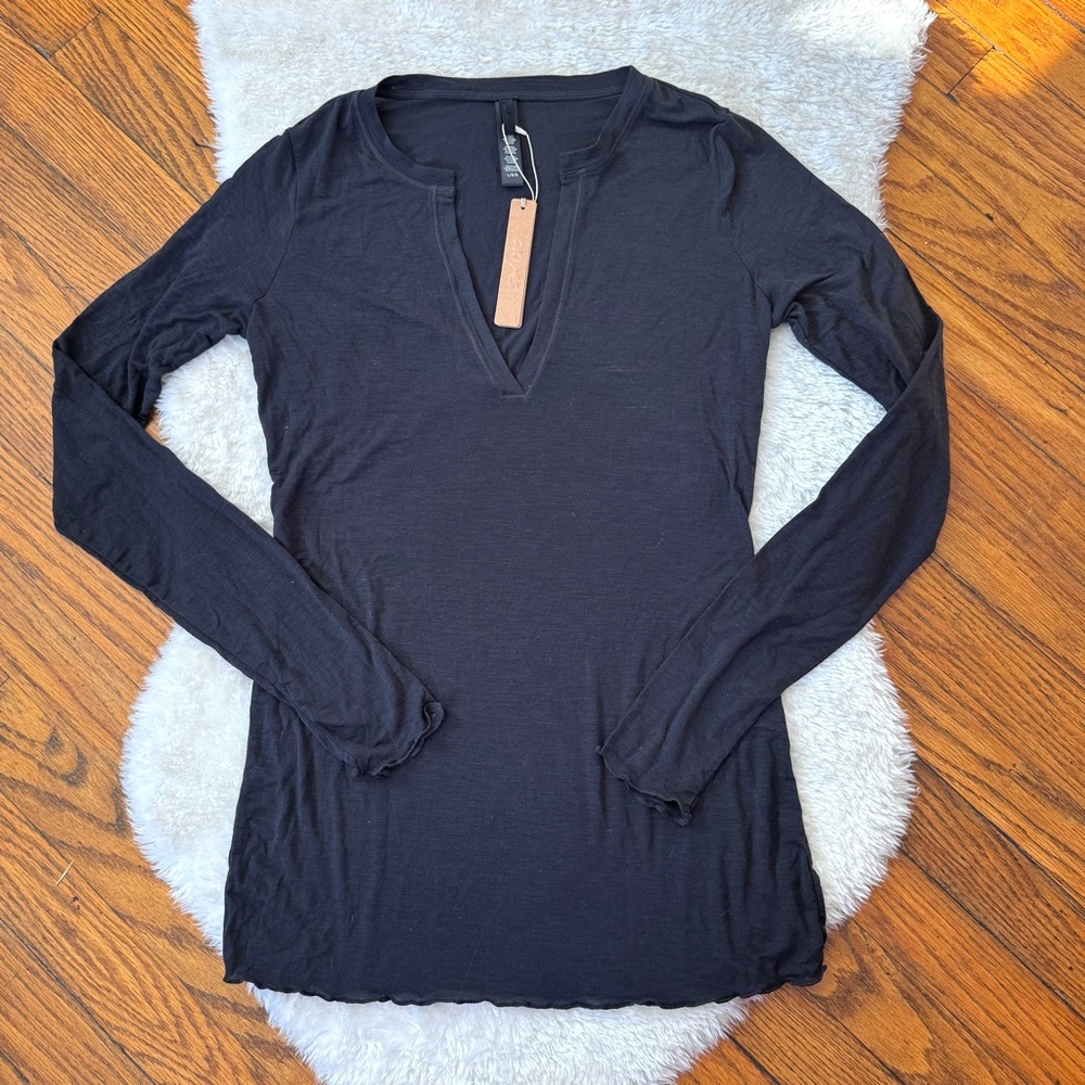NWT SKIMS Cashmere Blend Henley Deep V-Neck  Long Sleeve Onyx Top Sz L